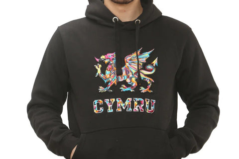 Wales Cymru Multi Coloured Dragon Hoody-Black