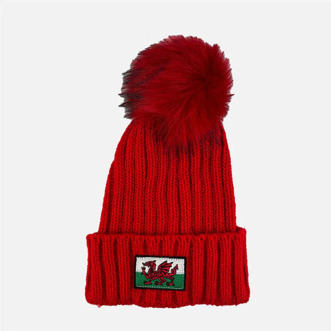 Ladies Wales Flag Red Bobble Hat